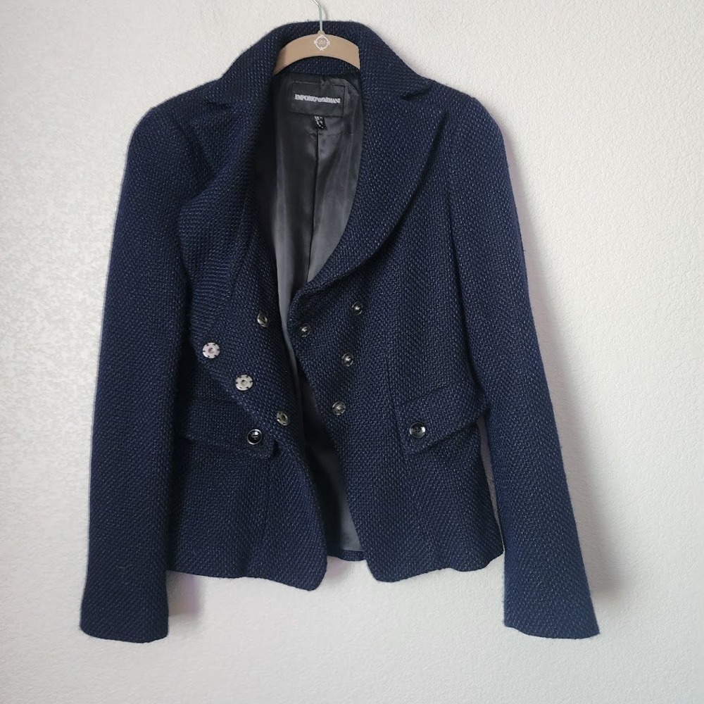 EMPORIO ARMANI Navy Blue Textured Knit Blazer Jacket Asymmetric Pocket Sz 8 - Picture 6 of 7
